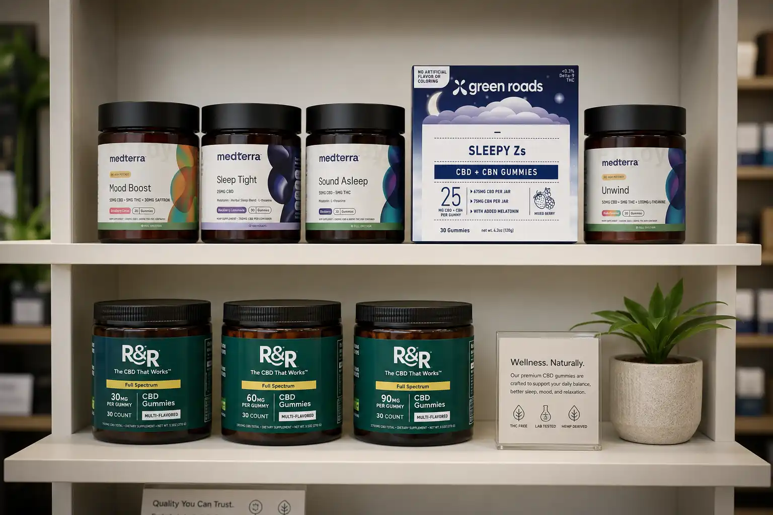 Sunshine Herbs CBD shelf stocked with Medterra, R+R, and Green Roads products