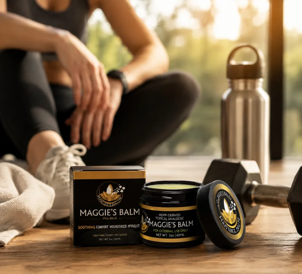 Maggie’s Balm topical CBD balm beside a water bottle and dumbbell in a post-workout setting